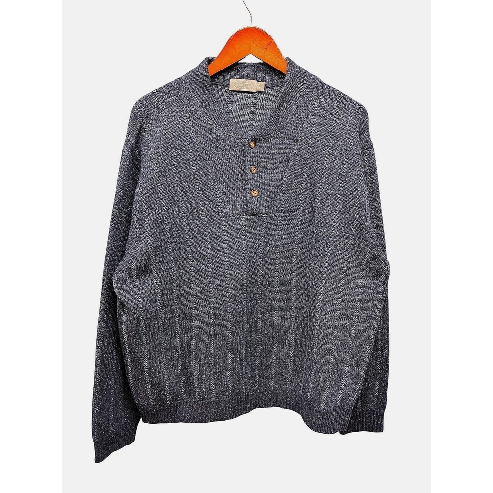 Talbots Henley Cable Knit Sweater Mens XL Blue Wool Silk Elbow Patch Preppy